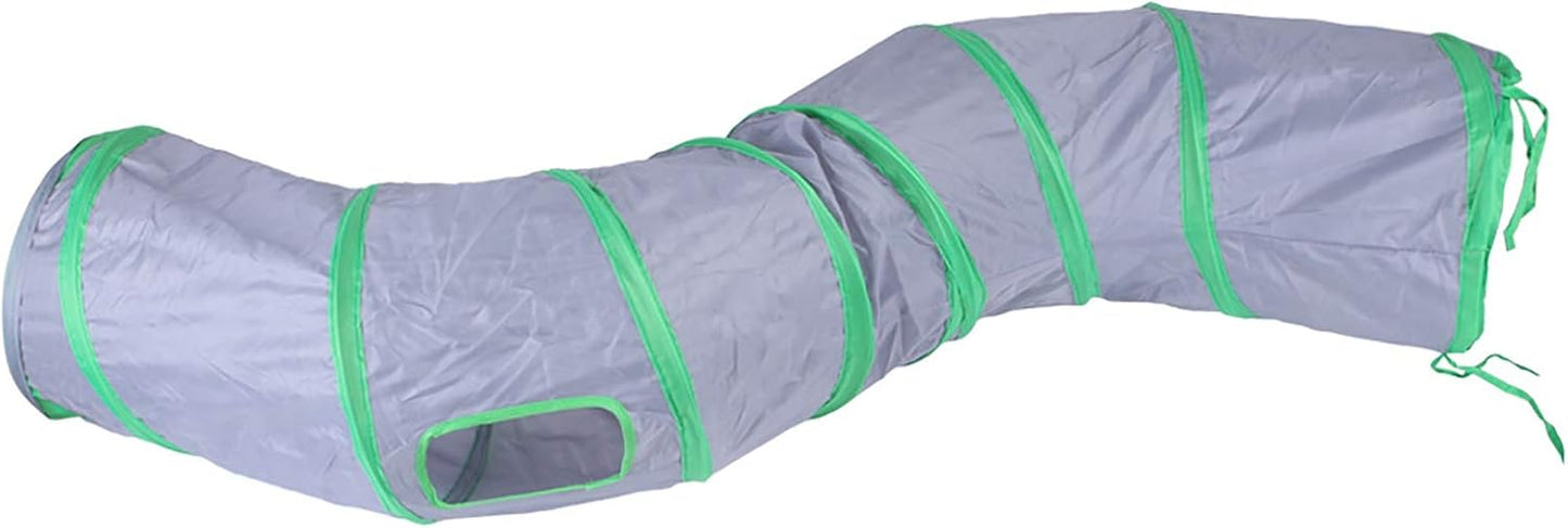 Top down view of the colorful forty seven inch interactive crinkle pet tunnel.