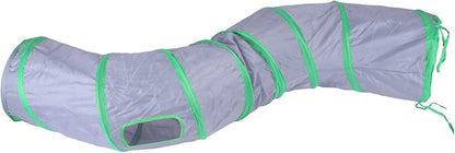 Top down view of the colorful forty seven inch interactive crinkle pet tunnel.