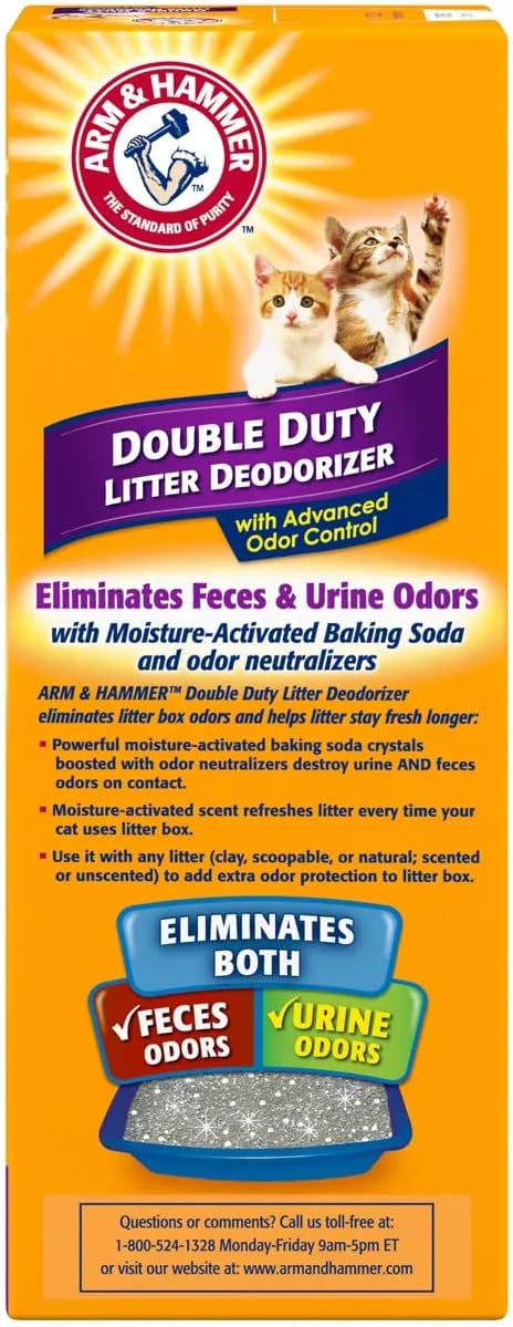 Arm & Hammer odor control baking soda powder being sprinkled into a cat litter box.