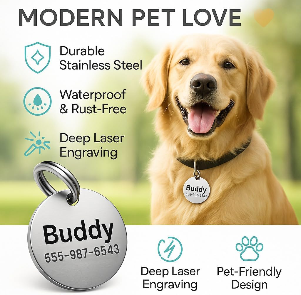 Dr. Fremont's personalized engraved dog tag showing durable double-sided text space