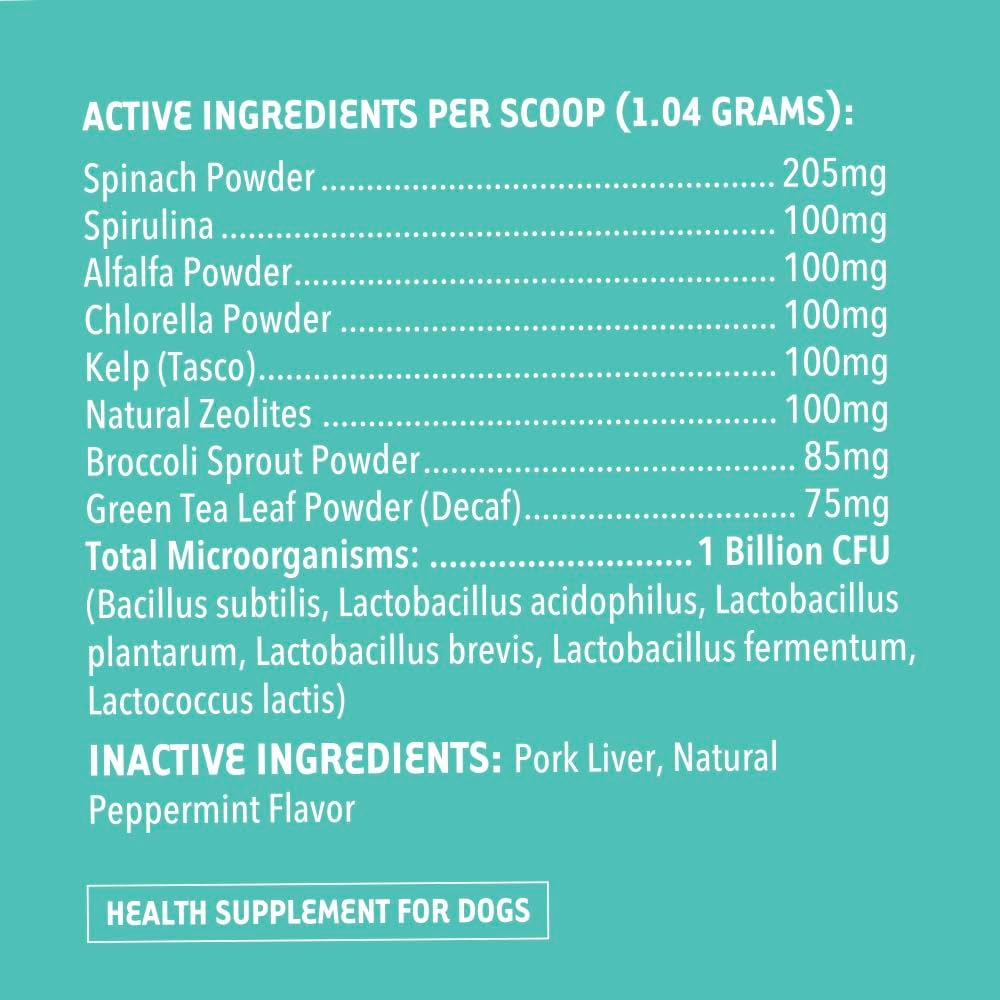 iHeartDogs brand dental powder for reducing bad breath and supporting canine gum health.