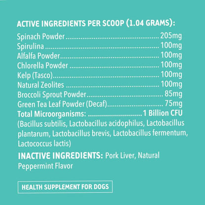 iHeartDogs brand dental powder for reducing bad breath and supporting canine gum health.