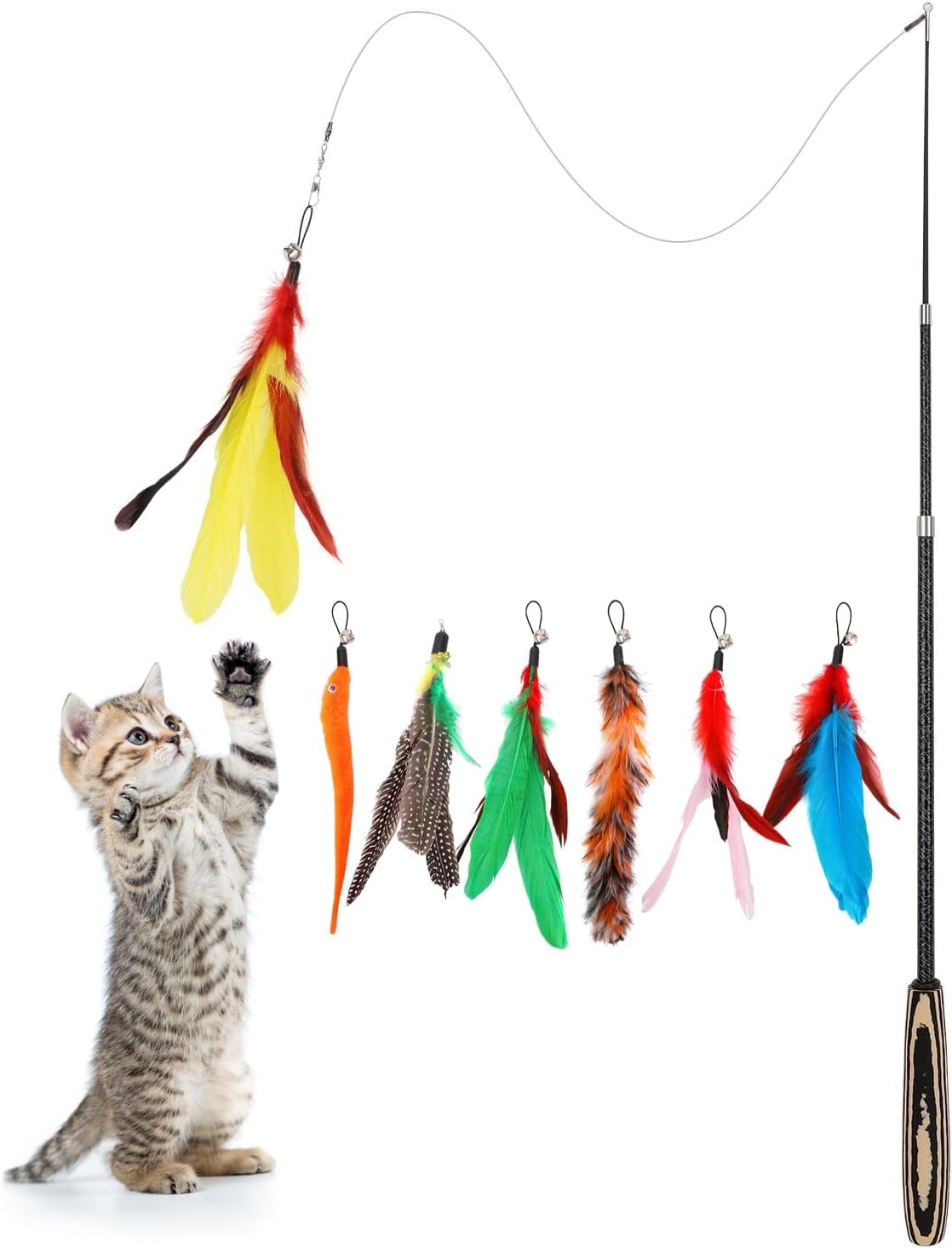 Pawaboo Cat Feather Toys, 4 Pack Interactive Cat feather Teaser Wand Toys, Retractable Fishing Pole Wand Catcher Exerciser with Refill Fish, Dragonfly Worm with Bells, Fun Cat Kitten Kitty Playing Toy - Image 9