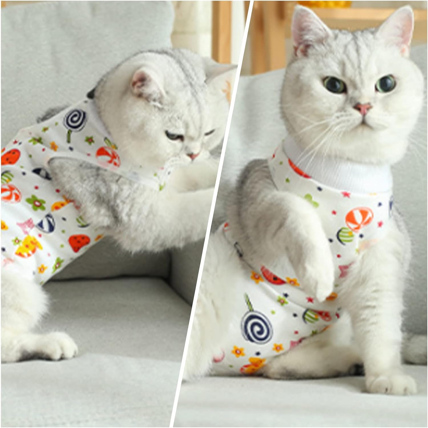 Back view of secure cartoon print cat surgical recovery suit