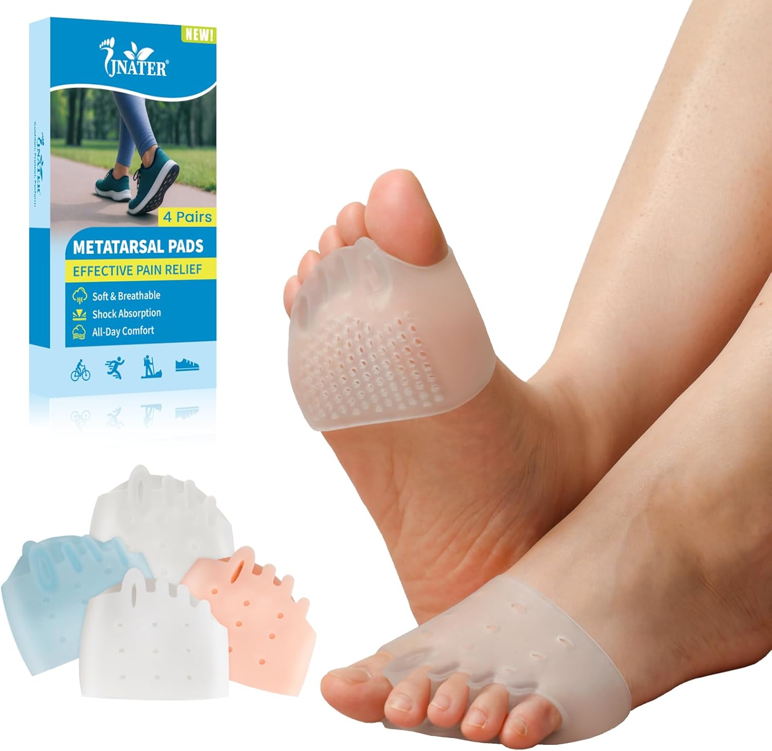 JNATER Toe Separators and Metatarsal Pads 8 piece set front view for foot pain relief