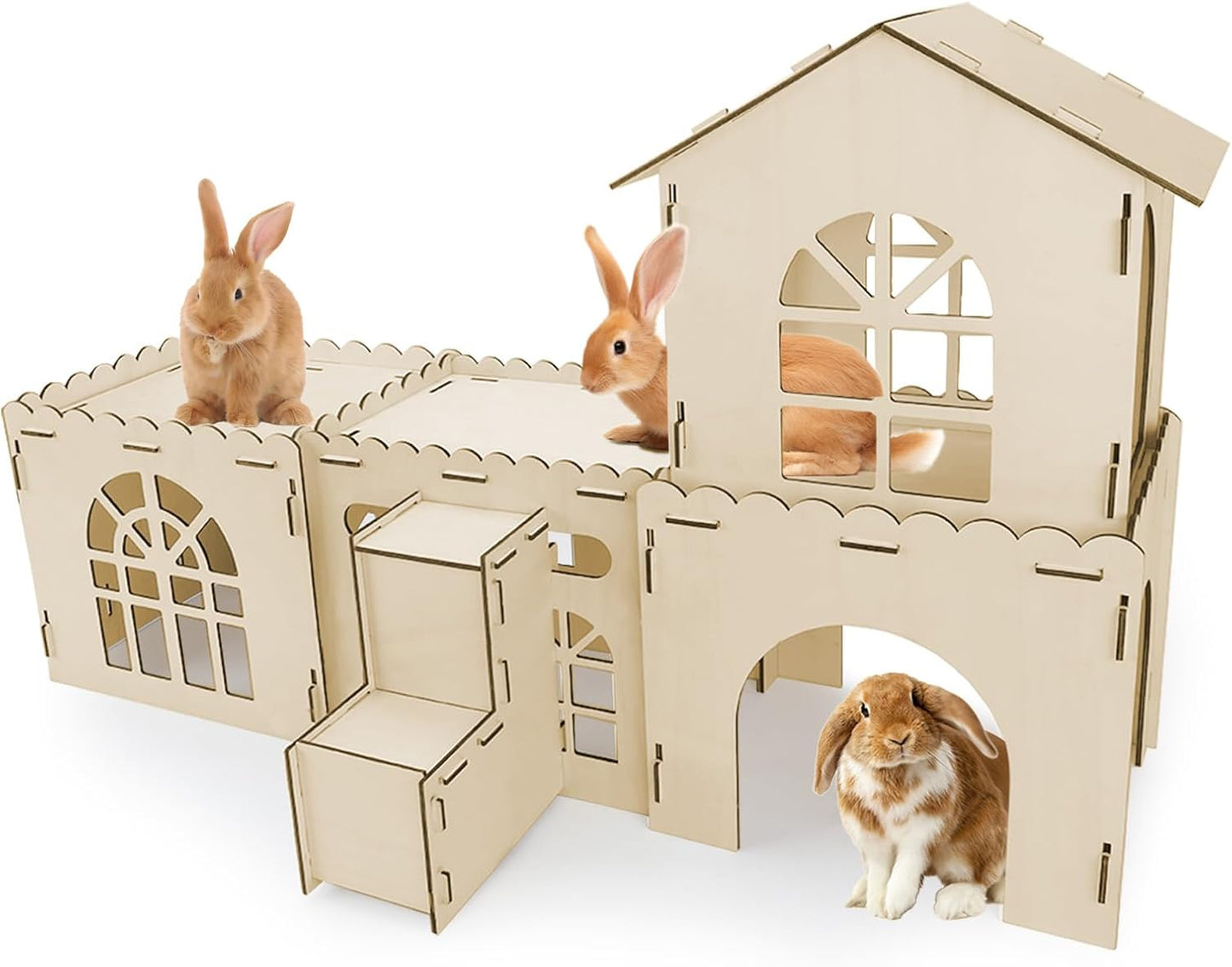 YUEPET Extra Large Wooden Bunny Castle, Ventilated Rabbit Castle Hideaway with Stairs, Detachable Small Animal Hideout & Habitats for Indoor Outdoor Dwarf Rabbits Bunnies to Hide & Play - Image 1