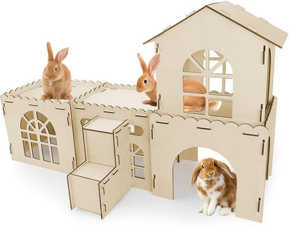 YUEPET Extra Large Wooden Bunny Castle, Ventilated Rabbit Castle Hideaway with Stairs, Detachable Small Animal Hideout & Habitats for Indoor Outdoor Dwarf Rabbits Bunnies to Hide & Play - Image 1