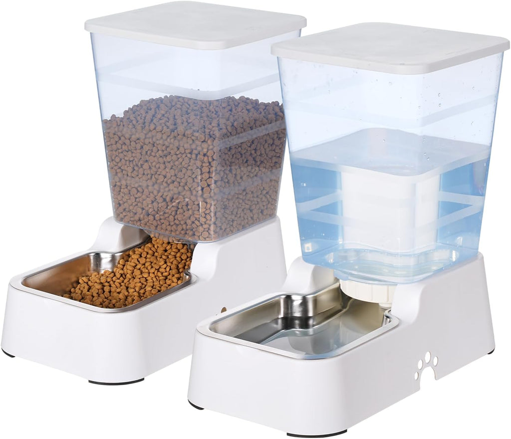 Dual unit gravity pet feeder setup for medium and large dogs