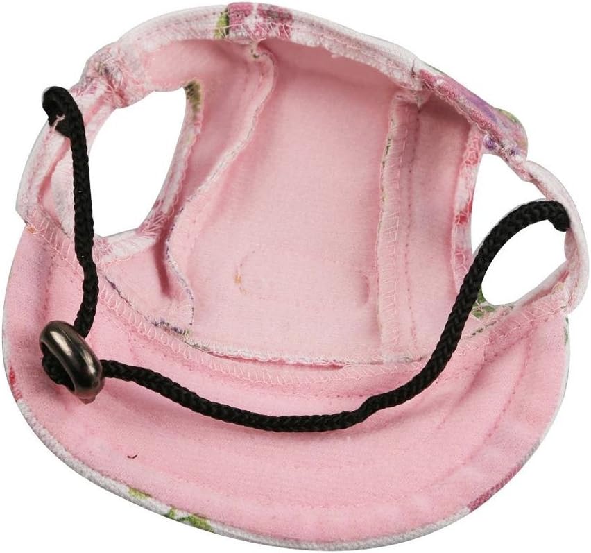 Side view of floral dog cap showing ear hole placement