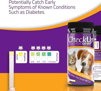 Back label instructions of KIT4CAT CheckUp testing strips for tracking pet renal wellness.