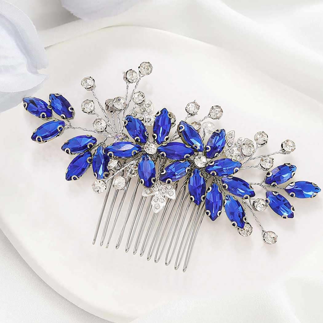 Chargances crystal bride wedding hair comb front view featuring blue rhinestones and silver leaf design.