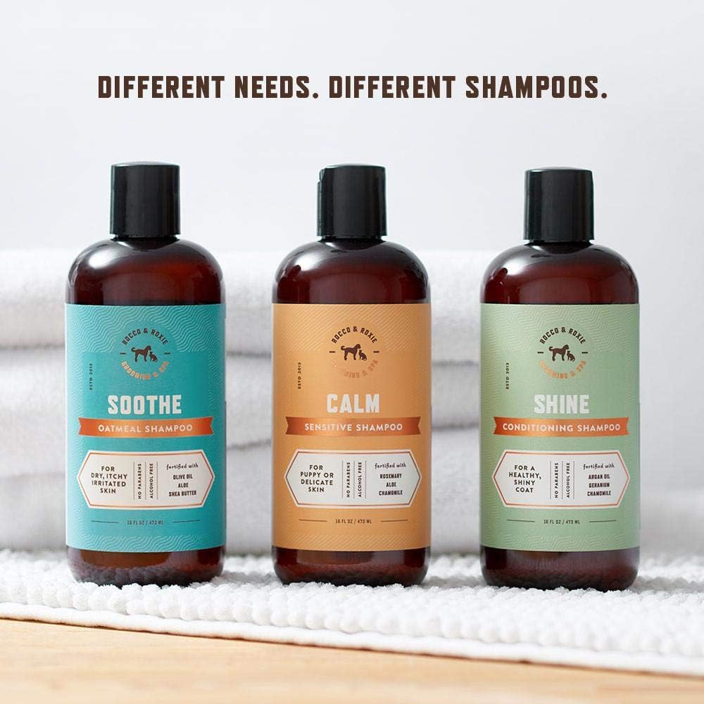 Side view of Rocco And Roxie 16 fluid ounce shampoo bottle