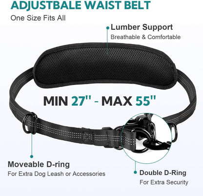 Adjustable running belt fanny pack attachment holding smartphone and pet treats.