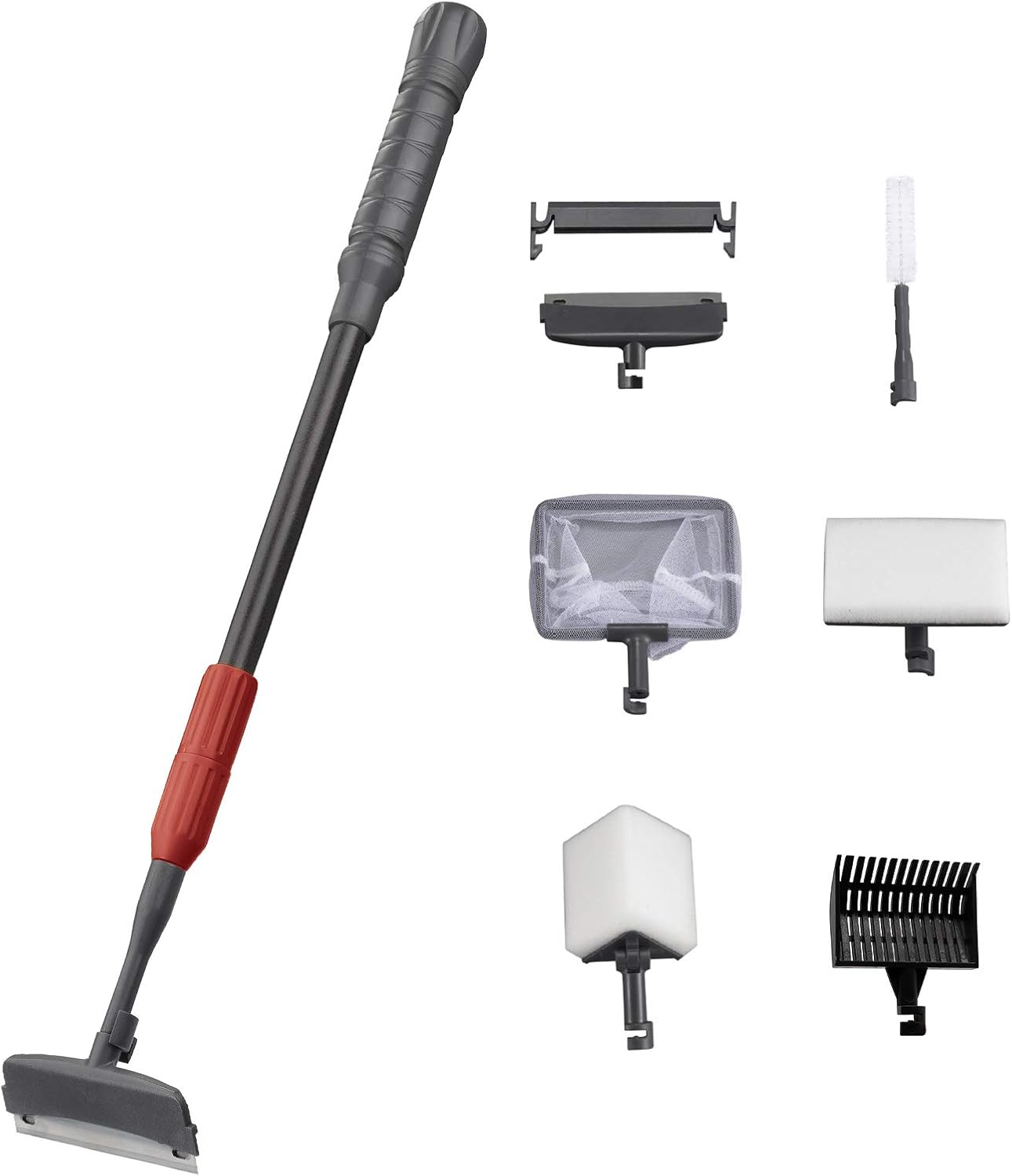 UPETTOOLS 6 in 1 aquarium cleaning kit front view showing adjustable handle and attachments.