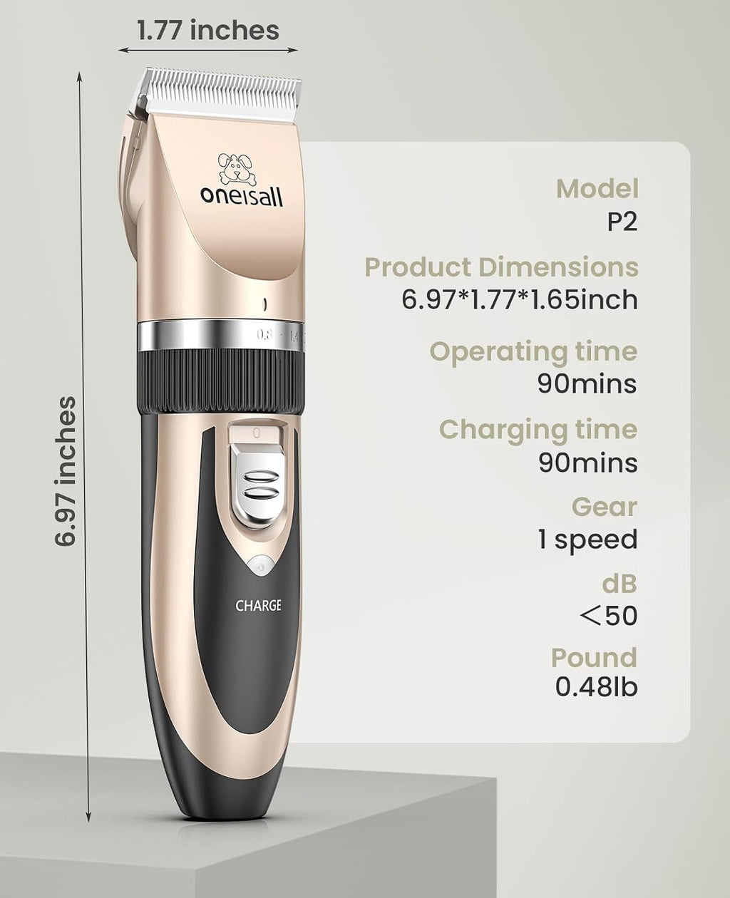 Side profile of the gold Oneisall dog clipper highlighting its lightweight portable design.
