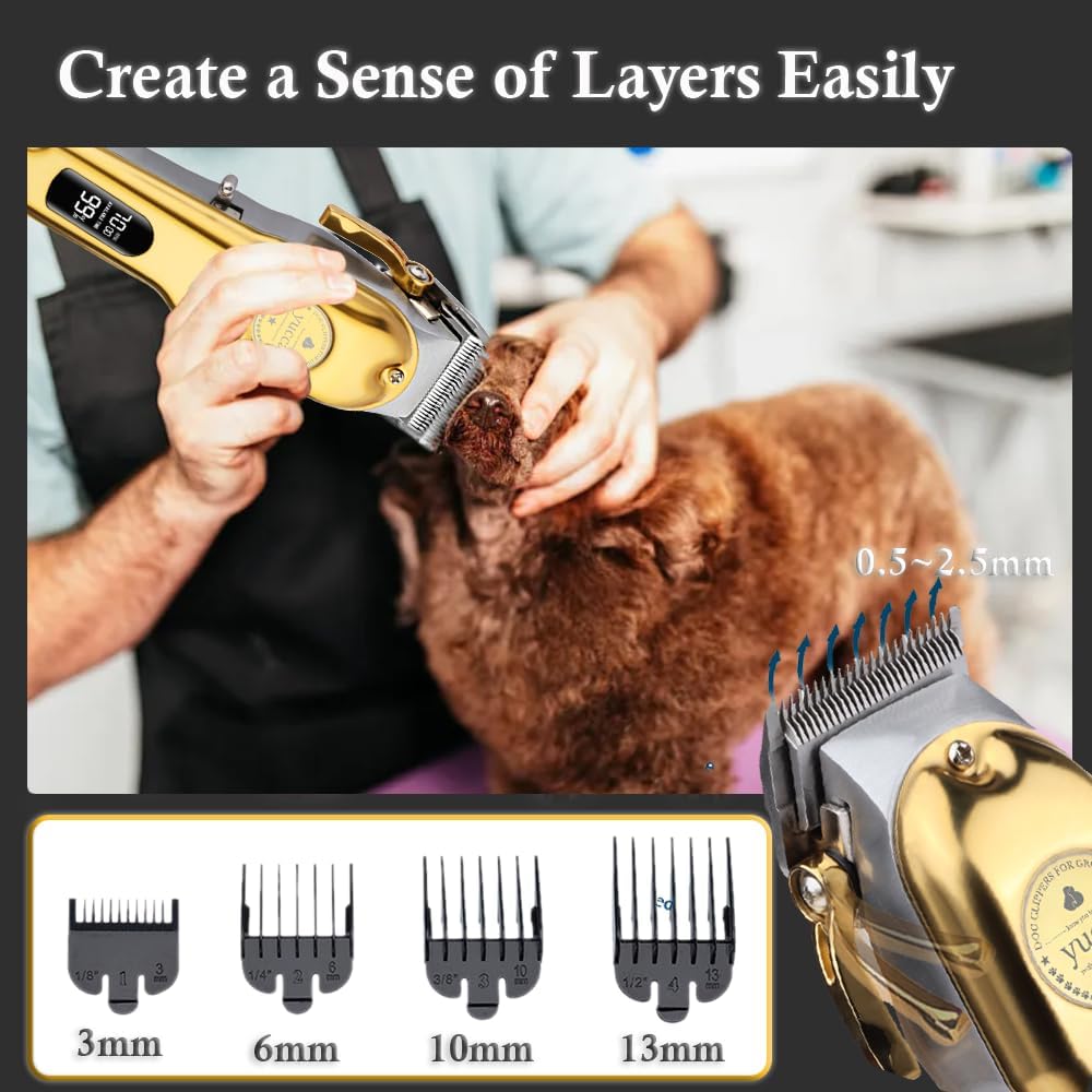 Rechargeable low noise pet hair trimmer showing LCD digital power display
