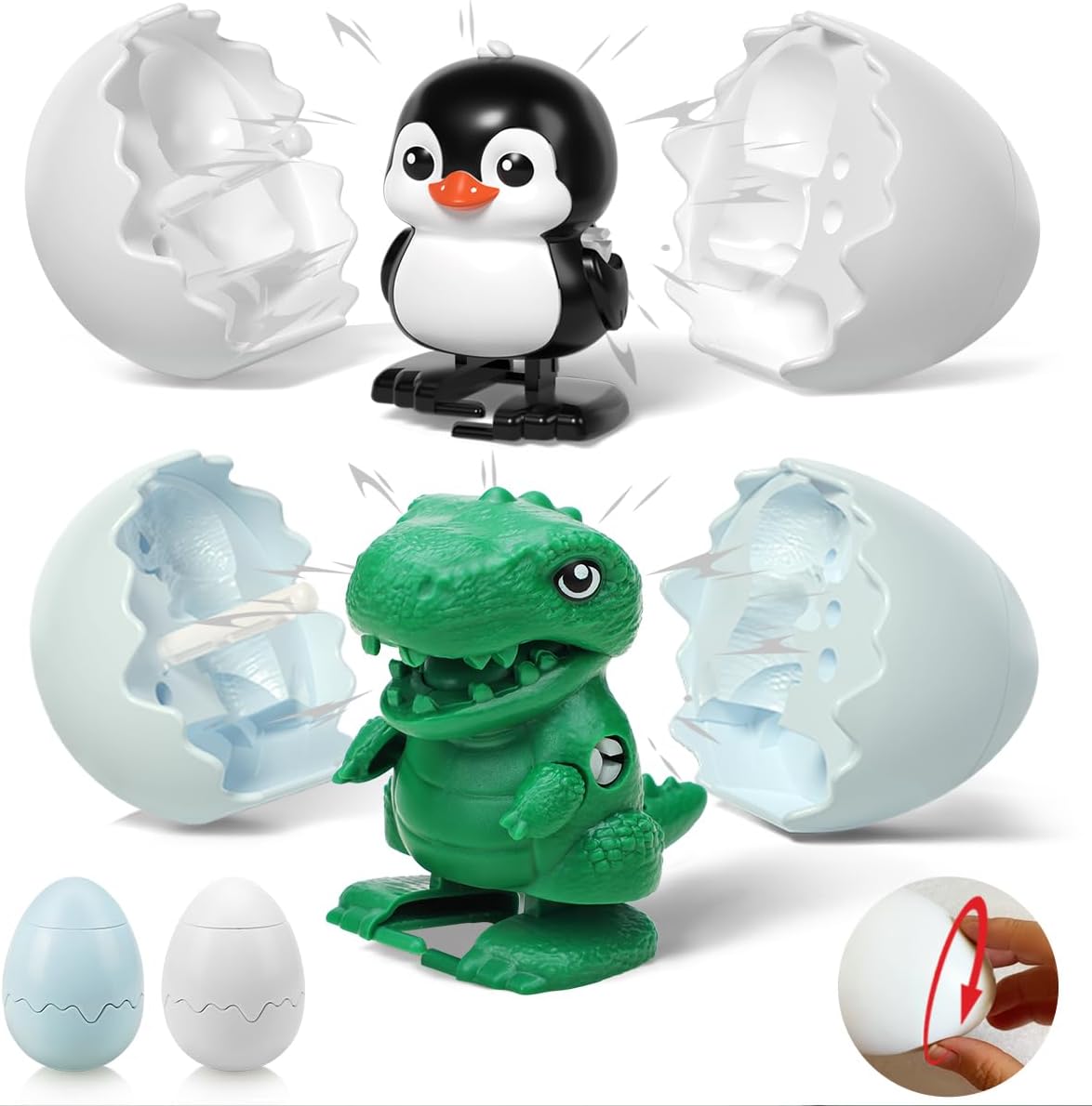 Humzo wind up surprise hatching eggs toy pack front view showing the packaging and reusable shell design.