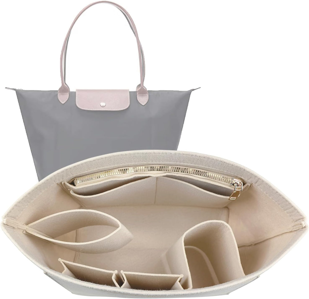 Lckaey Purse Organizer Insert for Longchamp, Premium Felt Long Champ Le Pliage Handbag Organizer Large beige - Image 9