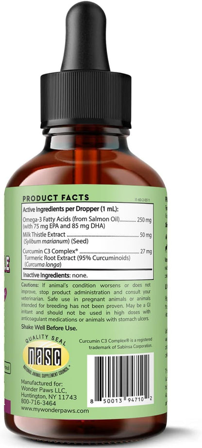 Wonder Paws liquid liver and kidney support drops for dogs showing dropper administration.