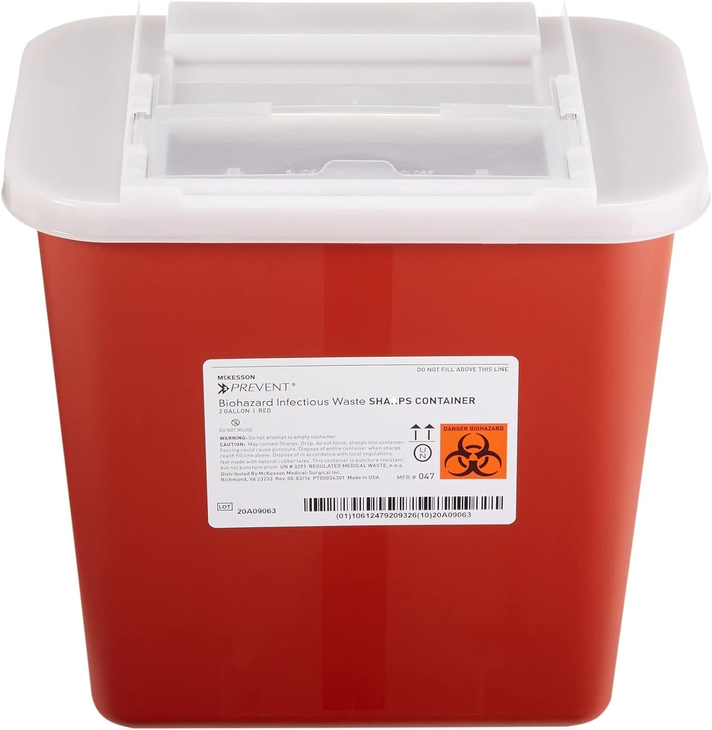 McKesson Prevent Biohazard Sharps Container front view showing red base and horizontal entry.