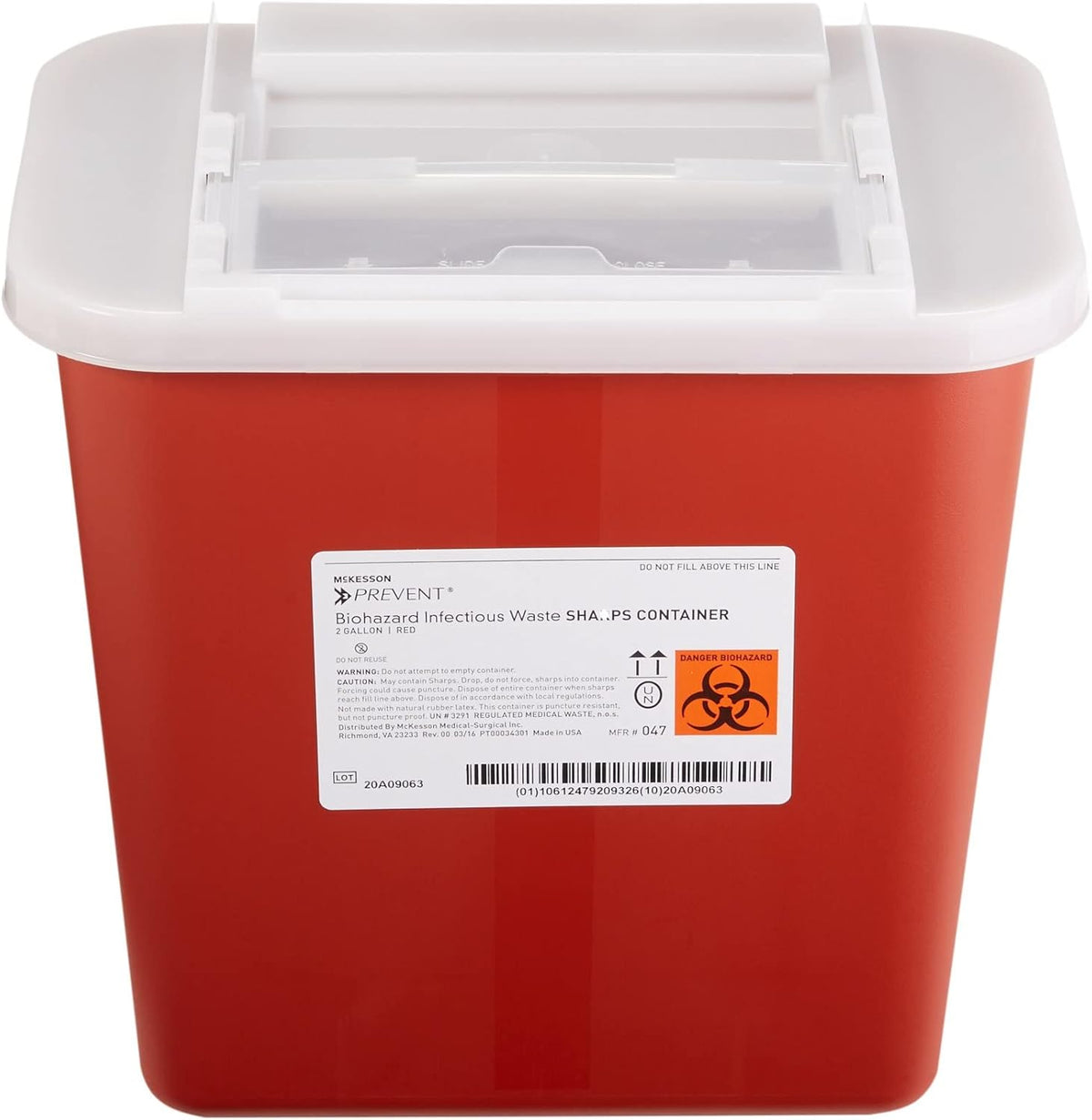 McKesson Prevent Biohazard Sharps Container front view showing red base and horizontal entry.