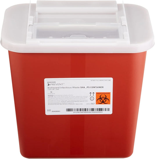 McKesson Prevent Biohazard Sharps Container front view showing red base and horizontal entry.