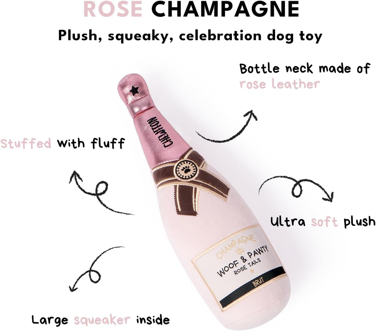 Chewffon dog toy champagne bottle texture and embroidery detail