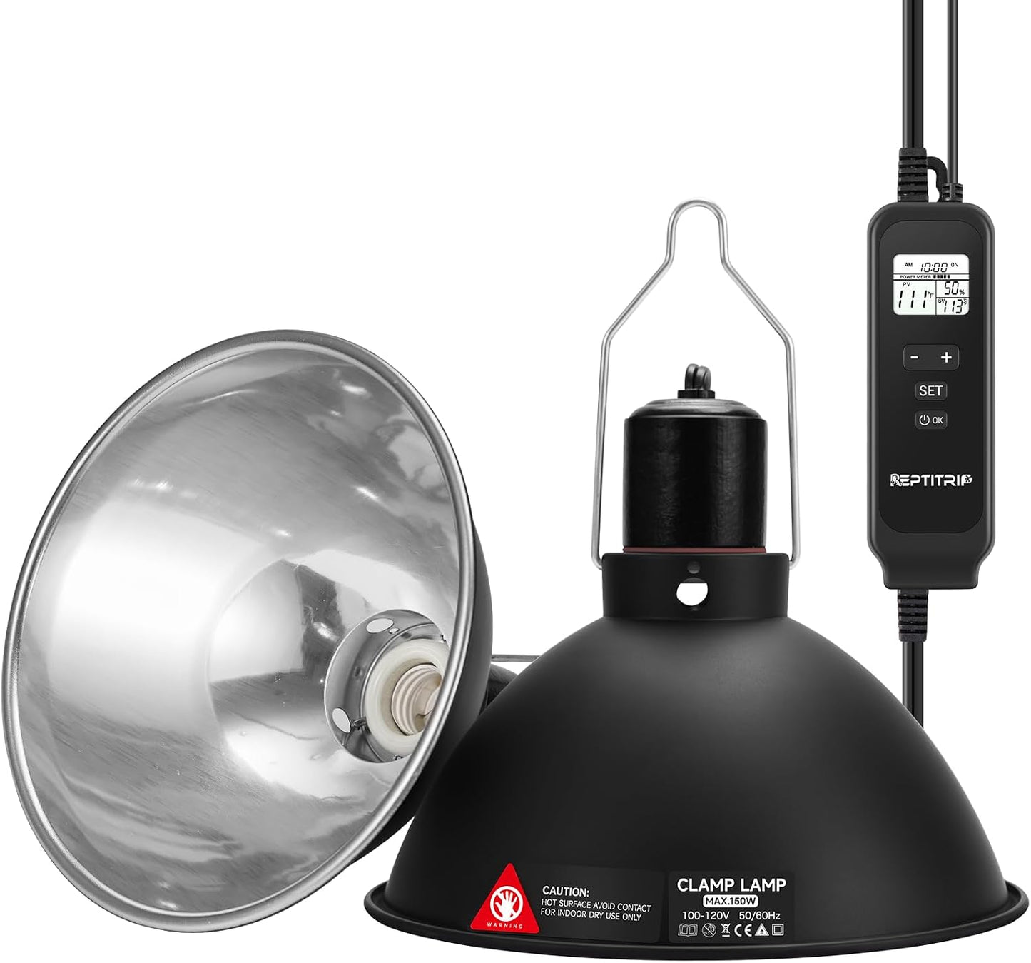Reptitrip reptile heat lamp fixture front view showcasing deep dome design.