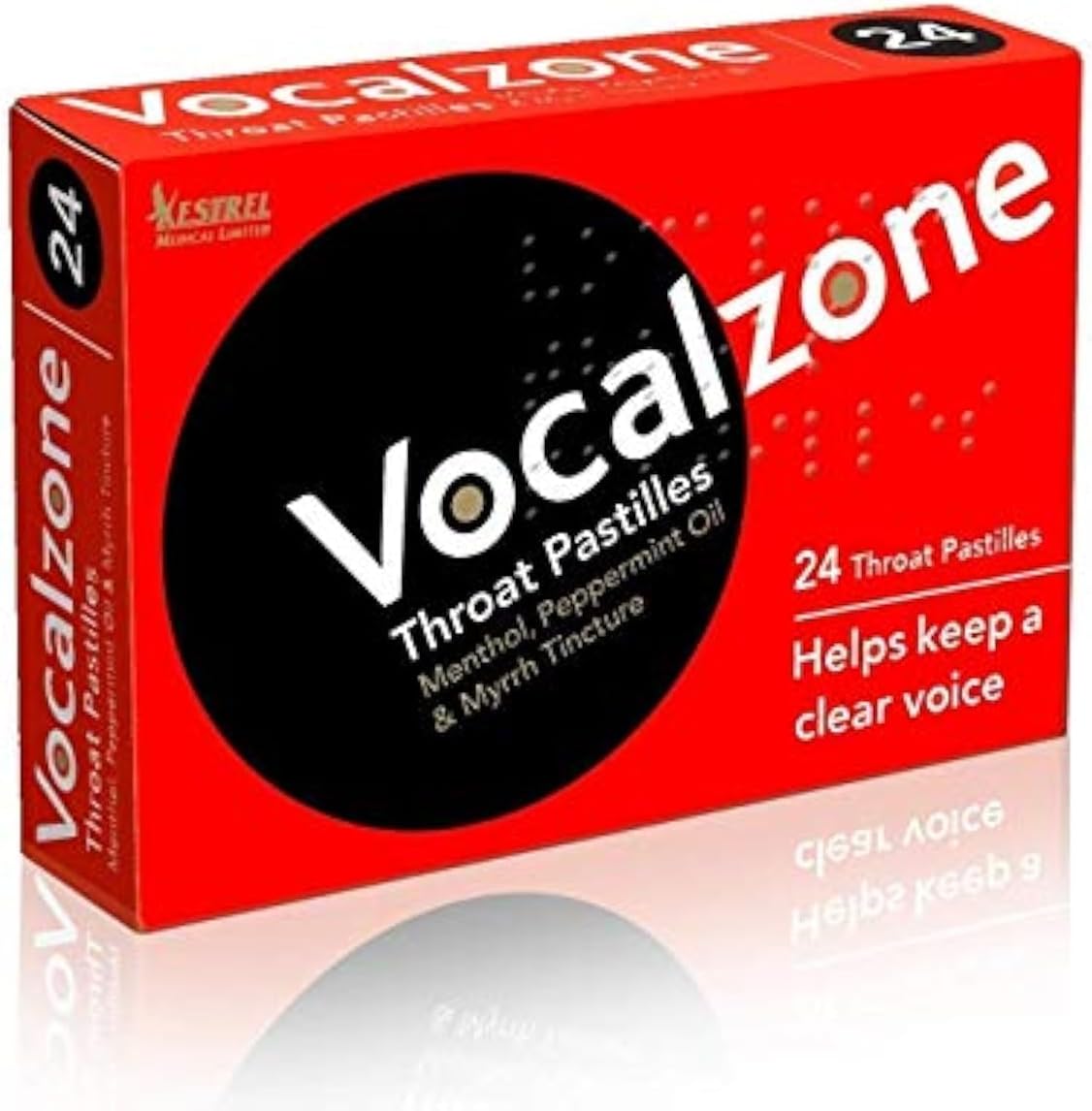 Vocalzone Throat Pastilles 24 Count pack front view authentic vocal care lozenges for singers