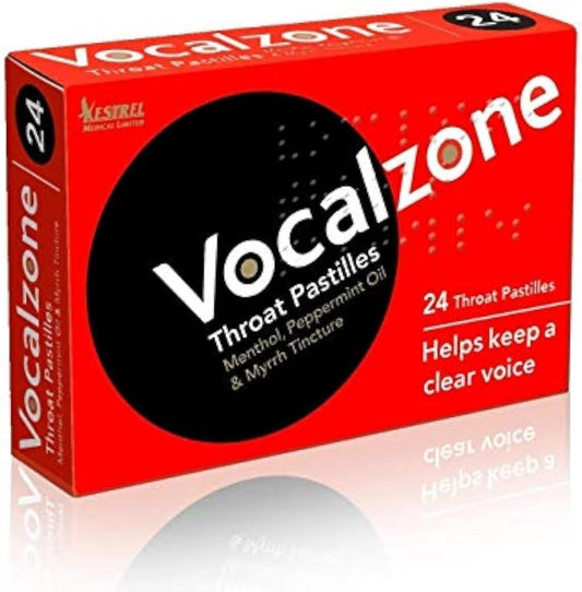 Vocalzone Throat Pastilles 24 Count pack front view authentic vocal care lozenges for singers