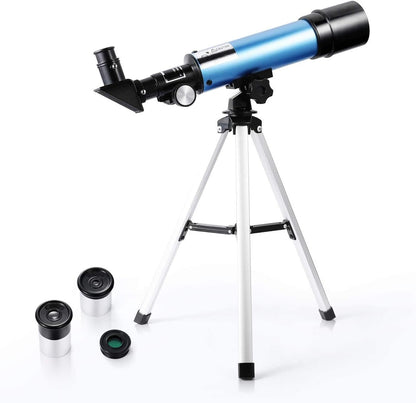 QW beginner astronomical telescope front view showing the optical tube assembly and objective lens mounted on a tripod.