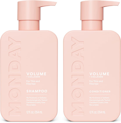 MONDAY HAIRCARE Volume Shampoo and Conditioner Set front view pink bottles