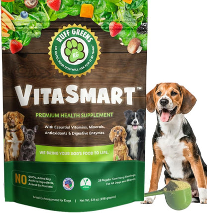 Ruff Greens VitaSmart dog food topper powder pouch front view.
