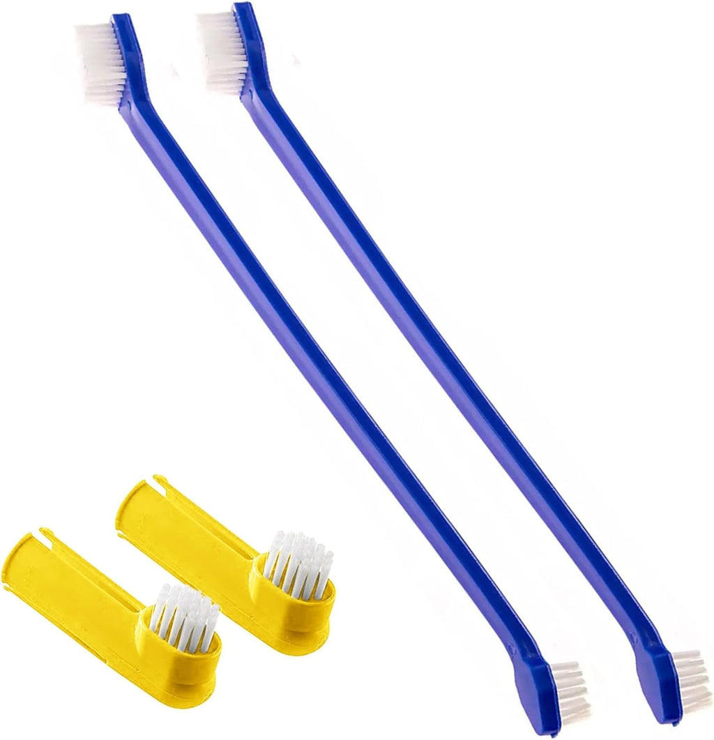 SunGrow Dog and Ferret Toothbrush Set front view of four pack blue and yellow pet dental kit.