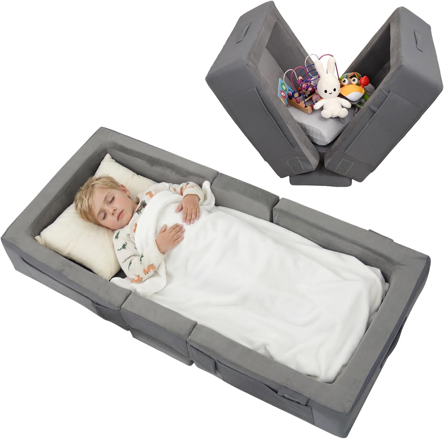 ENITYA toddler travel bed front view showing the light grey soft foam floor mattress with raised bumper rails.