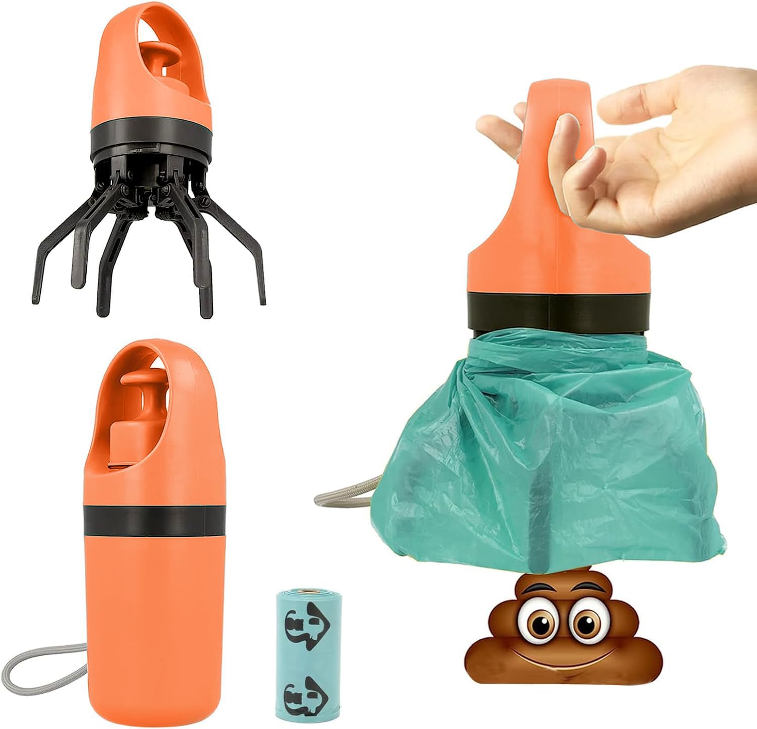 XPAPOV dog pooper scooper front view showing the orange six-claw mechanism for no-touch pet waste removal.