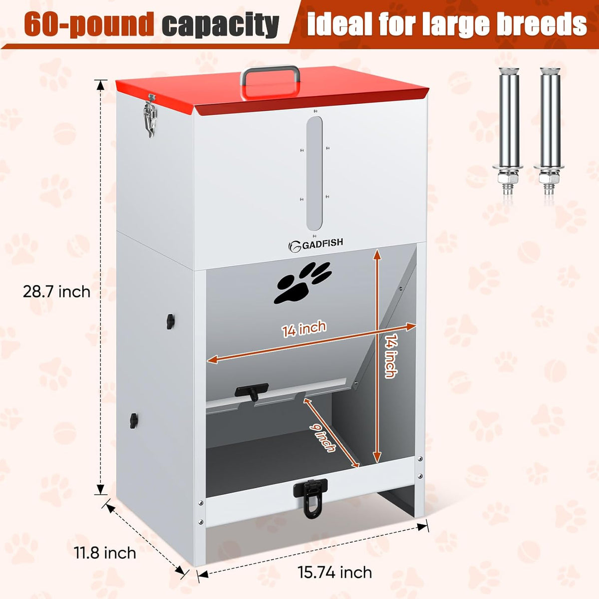 GADFISH sixty pounds pet feeder outdoor setup demonstrating the lockable door mechanism closed