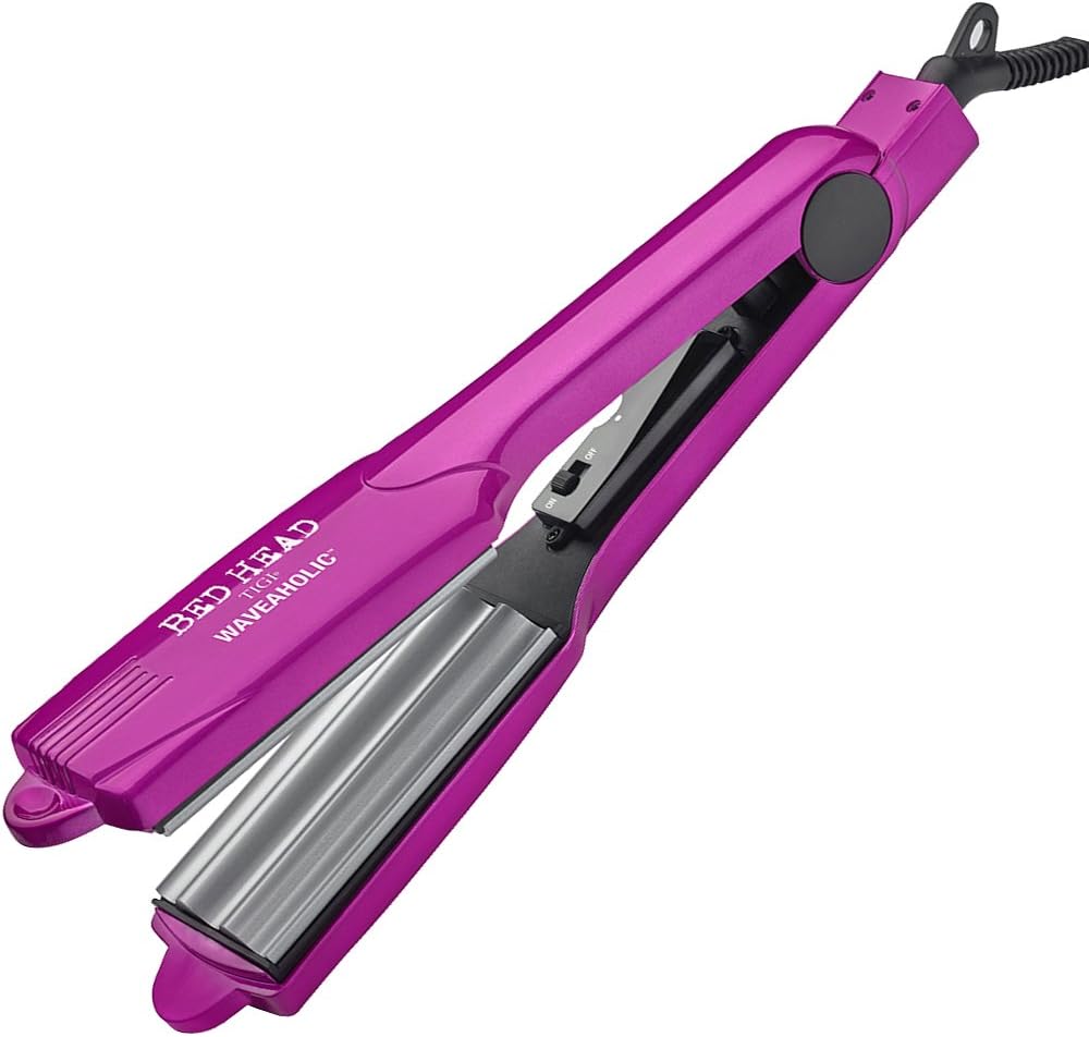 Bed Head Waveaholic 2 Inch Hair Waver front view showcasing pink rippled ceramic plates for tight beachy waves