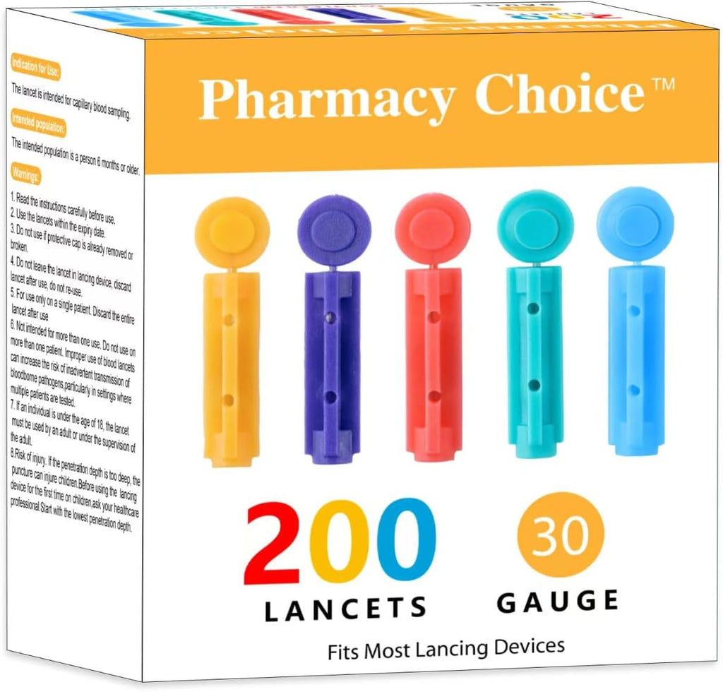 Pharmacy Choice Blood Lancets 200 Count front package view showing multicolored twist top design