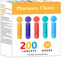 Pharmacy Choice Blood Lancets 200 Count front package view showing multicolored twist top design