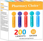 Pharmacy Choice Blood Lancets 200 Count front package view showing multicolored twist top design