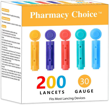 Pharmacy Choice Blood Lancets 200 Count front package view showing multicolored twist top design