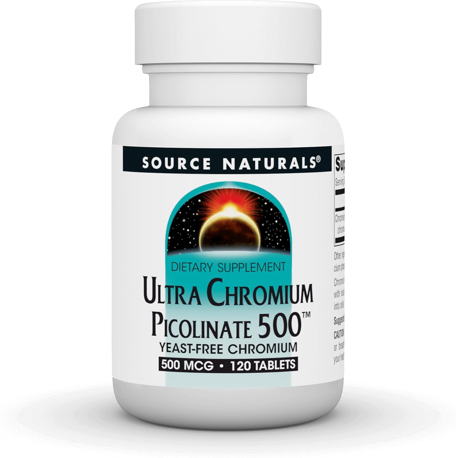 Source Naturals Ultra Chromium Picolinate 500mcg 120 Tablets front bottle view for glucose metabolism support.