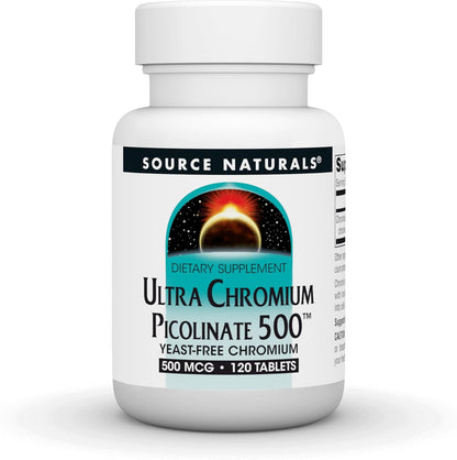 Source Naturals Ultra Chromium Picolinate 500mcg 120 Tablets front bottle view for glucose metabolism support.