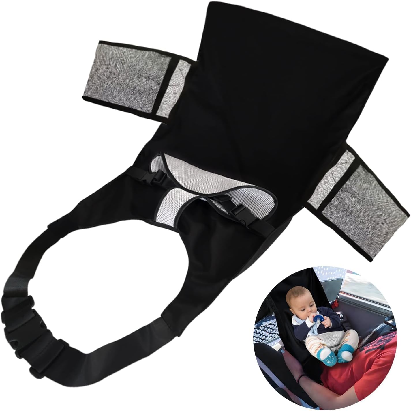 VANDOULUM baby airplane bed black front view installed between economy airline seats