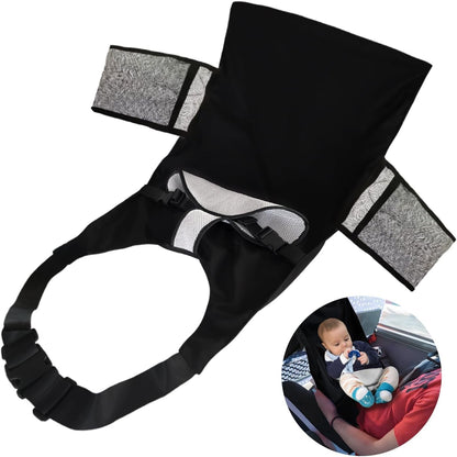 VANDOULUM baby airplane bed black front view installed between economy airline seats