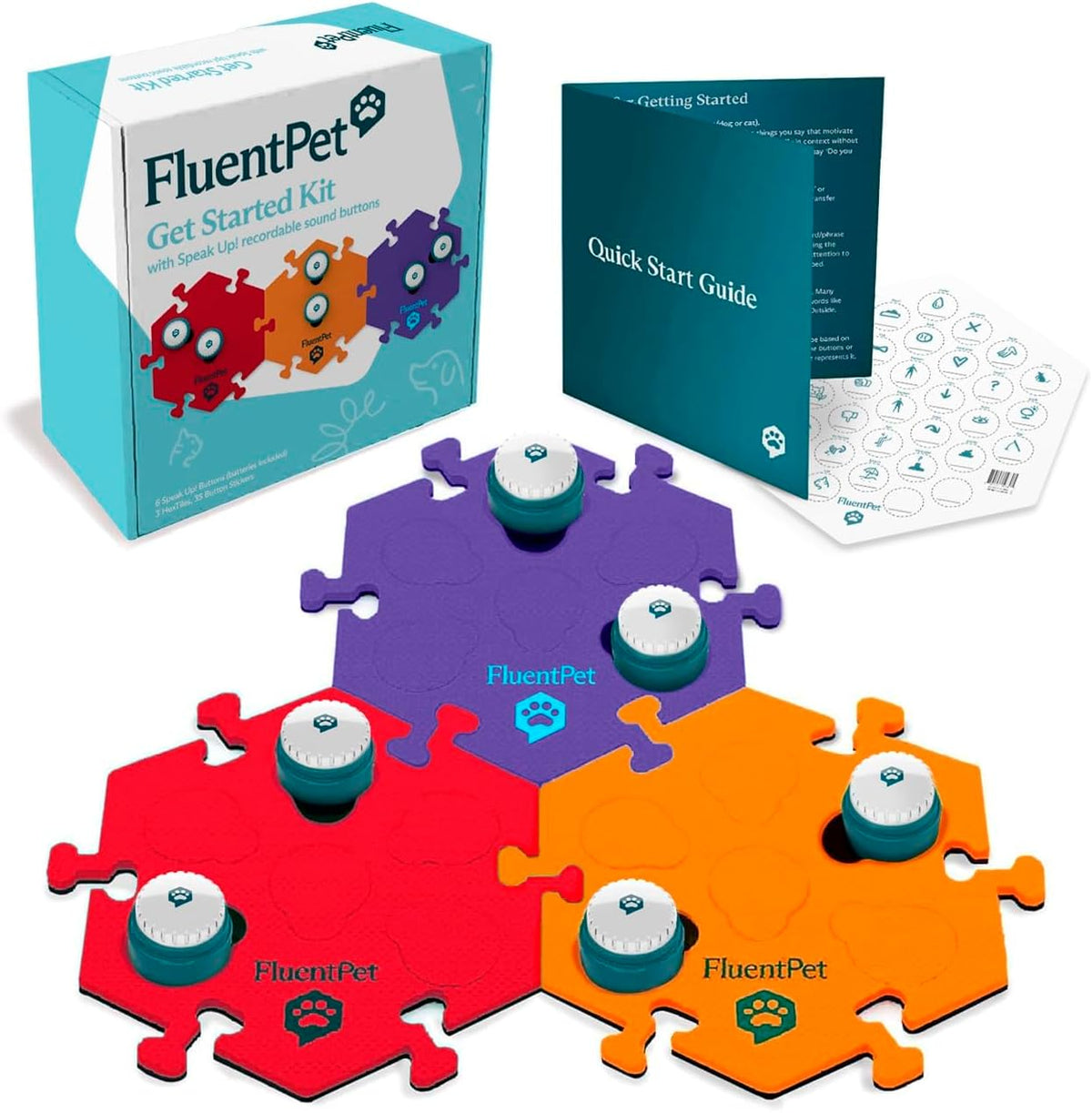 FluentPet Speak Up Get Started Kit front view showing six recordable buttons on three HexTile mats for pet communication training.