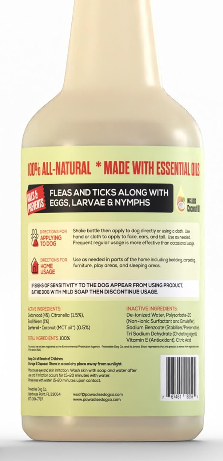 Shoo! Flea and Tick Spray 16 fluid ounce bottle label details.