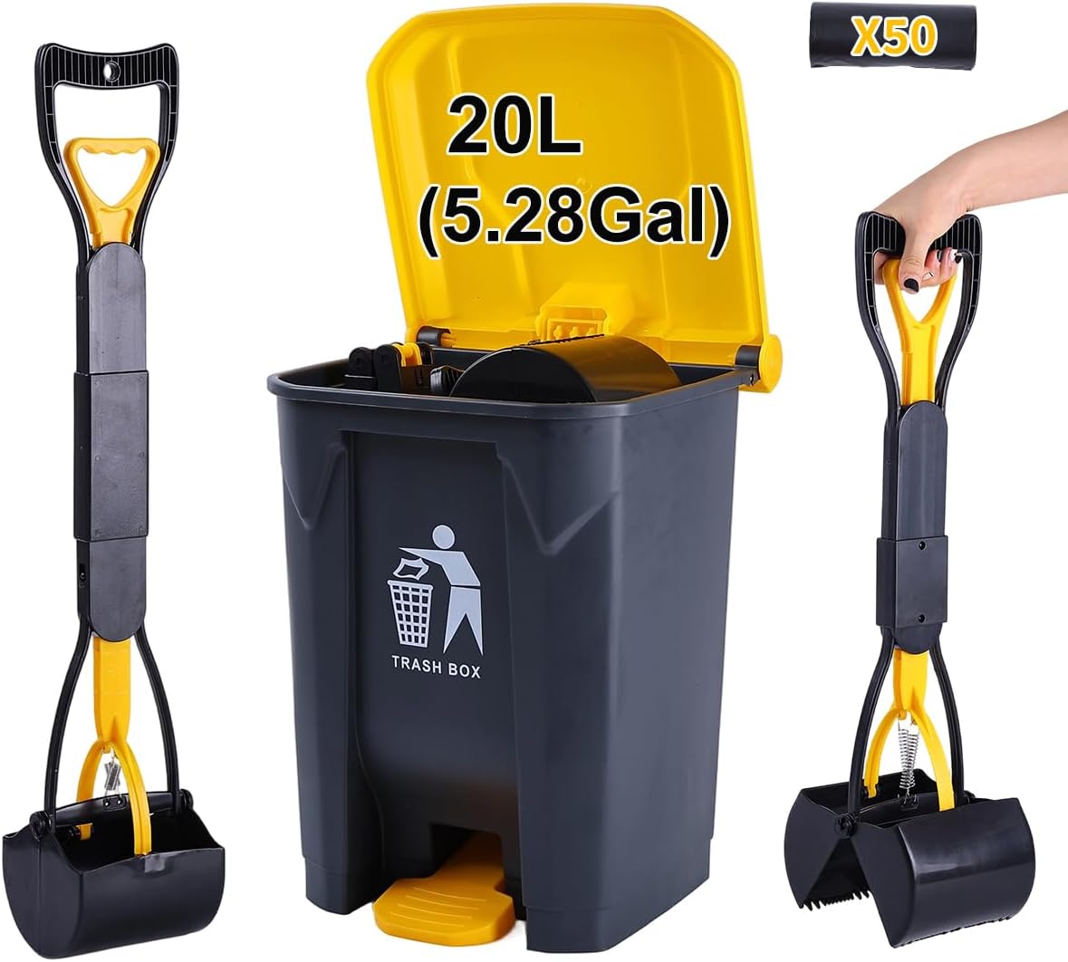 Pooper Scooper 2 Pack with 20 Litre Step Dog Poop Trash Can, 28" Long Handle Dog Poop Scoopers for Large Small Dogs Heavy Duty, Removable Inner Bucket for Outdoors, 50 Waste Bags Included (Green) - Image 11