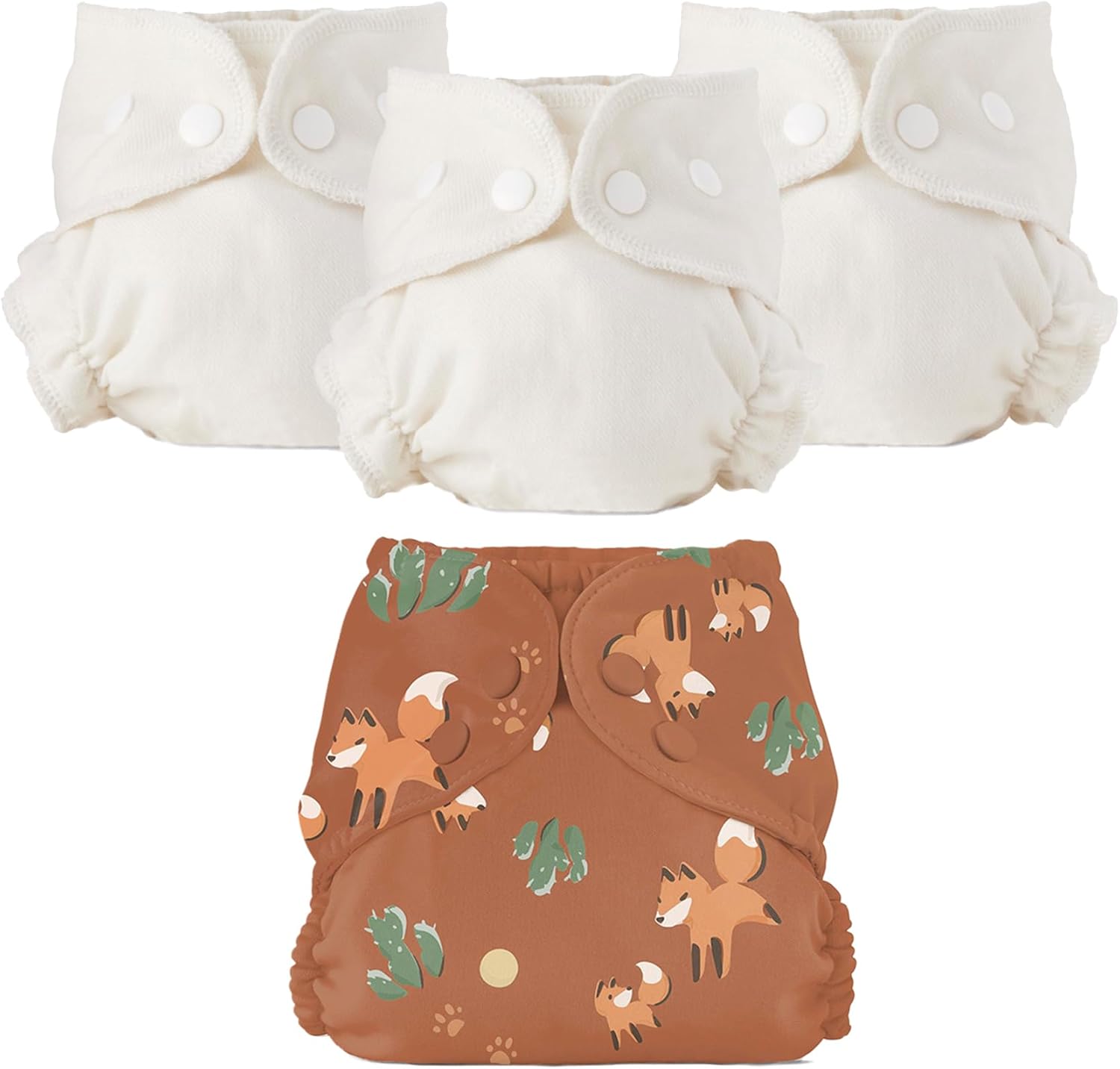 Esembly Cloth Diaper Bundle Set featuring fox print cover and organic inners.